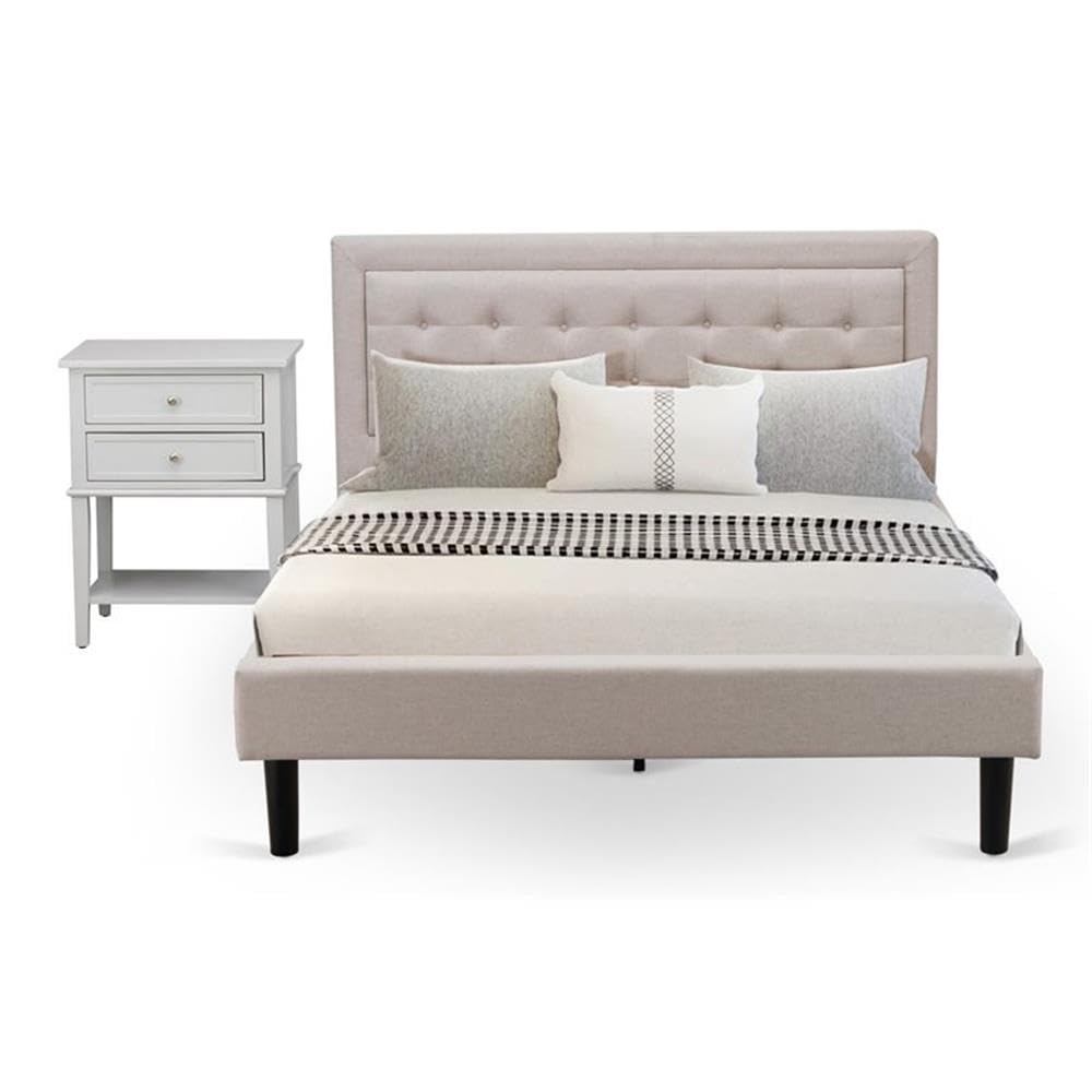 East West Furniture FN08Q-1VL14 2-Piece Fannin Bed Set with 1 Platform Bed and a Bedroom Nightstand - Reliable and Durable Manufacturing - Mist Beige Linen Fabric