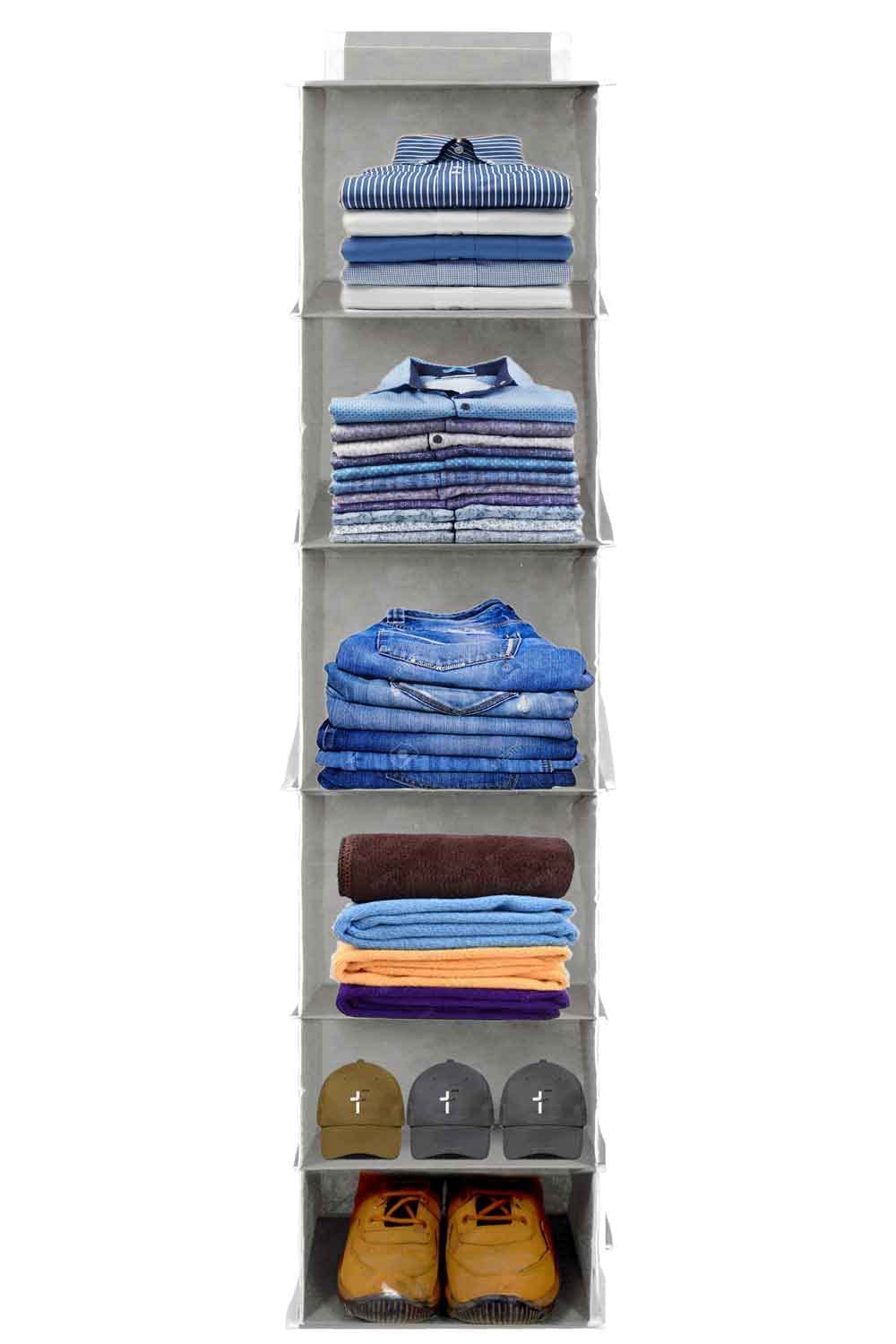Shubhkraft Non Woven Foldable Hanging 4 Shelves Wardrobe/Clothes Storage Wardrobe Organiser For Almirah (Grey)