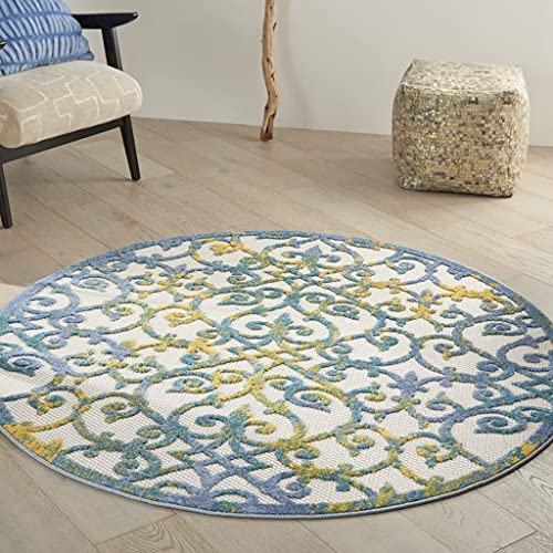 HomeRoots Ivory Blue 100% Polypropylene 5’ Round Ivory and Blue Indoor Outdoor Area Rug