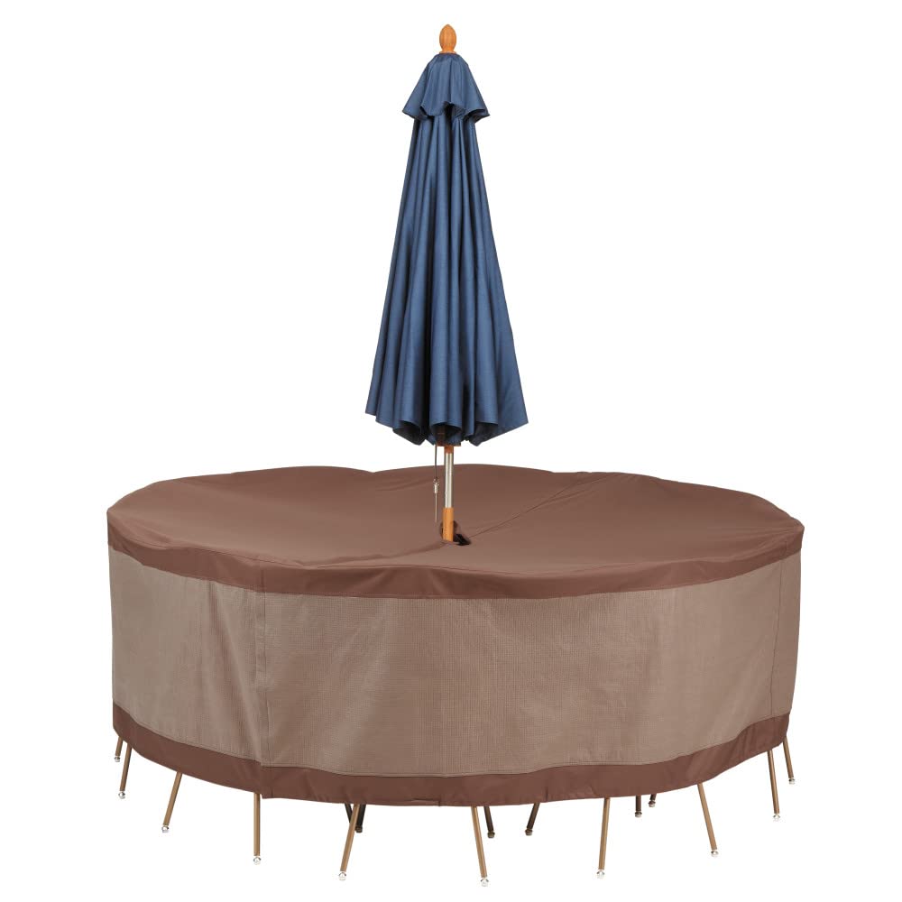 Duck Covers Ultimate Waterproof 94 Inch Round Patio Table And Chair Set Cover With Umbrella Hole, Outdoor Table And Chair Cover