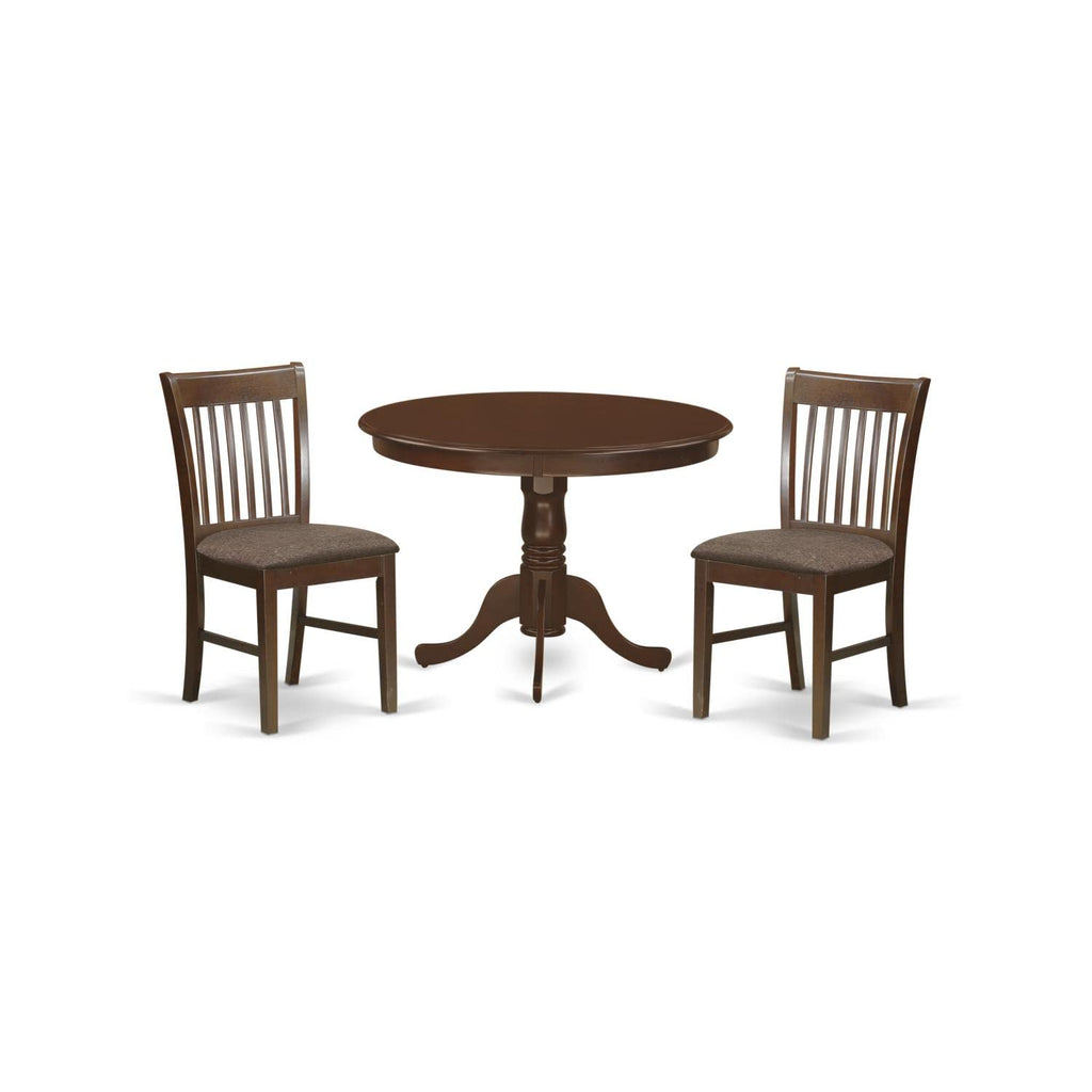 East West Furniture HLNO3-MAH-C 3 Piece Modern Dining Table Set Contains a Round Wooden Table with Pedestal and 2 Linen Fabric Upholstered Dining Chairs, 42x42 Inch, Mahogany