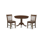 East West Furniture HLNO3-MAH-C 3 Piece Modern Dining Table Set Contains a Round Wooden Table with Pedestal and 2 Linen Fabric Upholstered Dining Chairs, 42x42 Inch, Mahogany