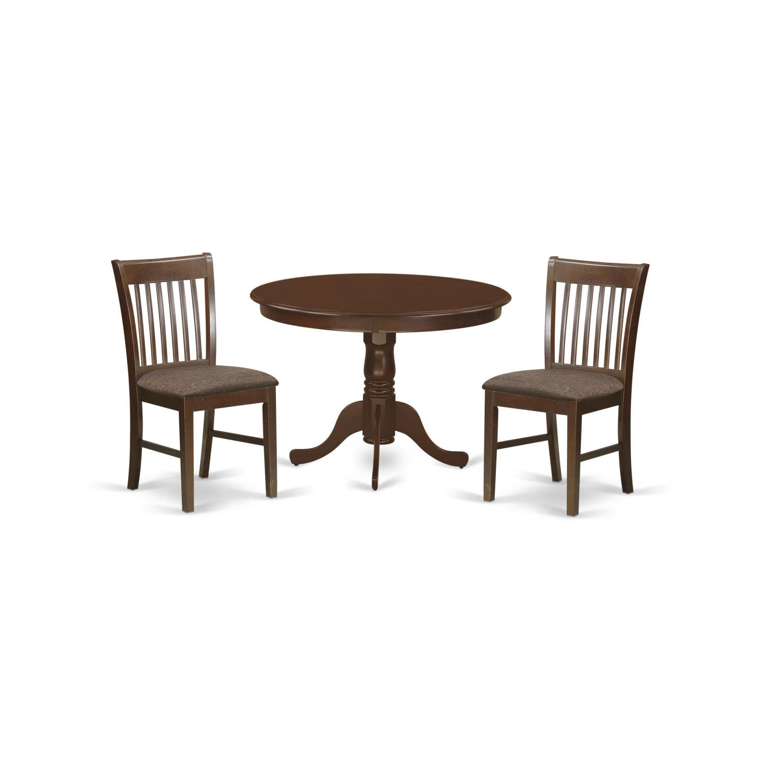 East West Furniture HLNO3-MAH-C 3 Piece Modern Dining Table Set Contains a Round Wooden Table with Pedestal and 2 Linen Fabric Upholstered Dining Chairs, 42x42 Inch, Mahogany