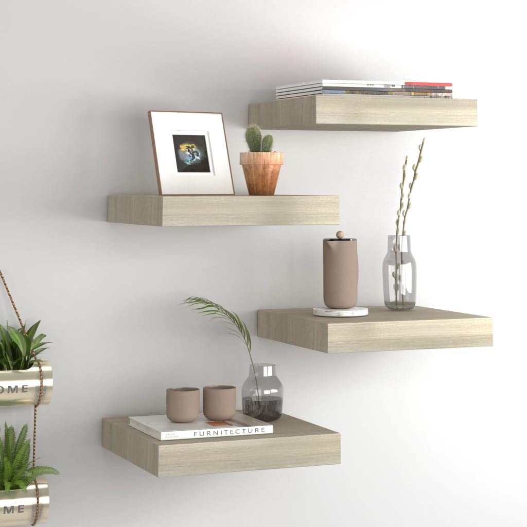 vidaXL Floating Wall Shelves Set of 4 – Modern, Brown Oak Honeycomb MDF & Metal Frame – Easy Wall Mounting – 9.1&quot;x9.3&quot;x1.5&quot; Display Shelves