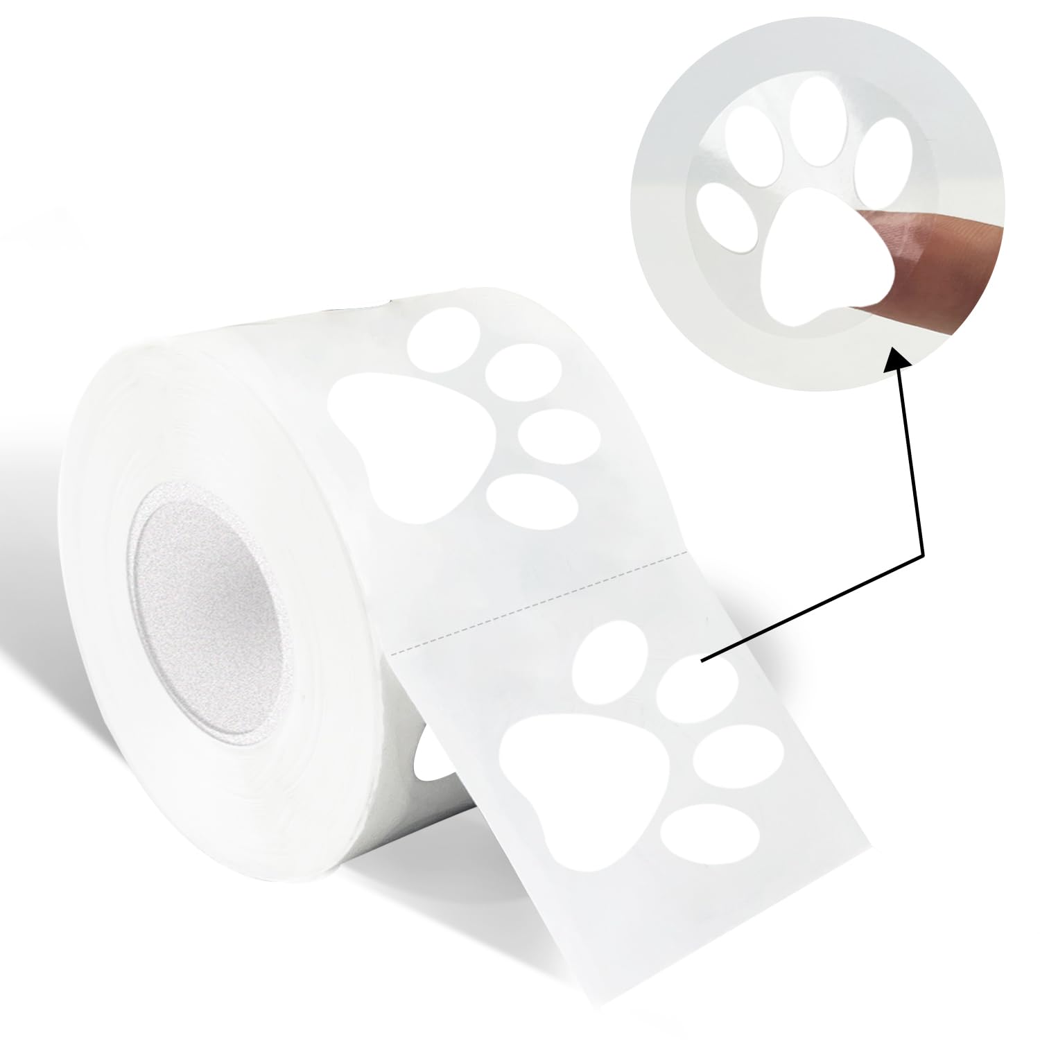 Yeachlaing 1.5 ' Clear Round Bear Paw Print Stickers - Dog Puppy Stickers With Perforation Line (500 Pcs, White)