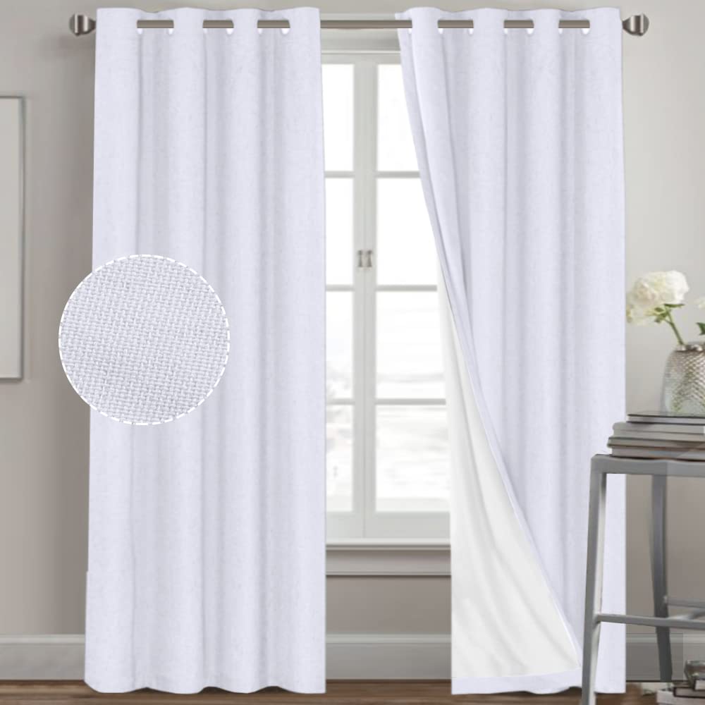 Linen Textured 100% Blackout Curtains For Bedroom/Living Room Energy Saving Window Treatment Curtain Drapes, Burlap Fabric With White Thermal Insulated Liner (2 Panels, 52 X 96 Inch, Pearl White)