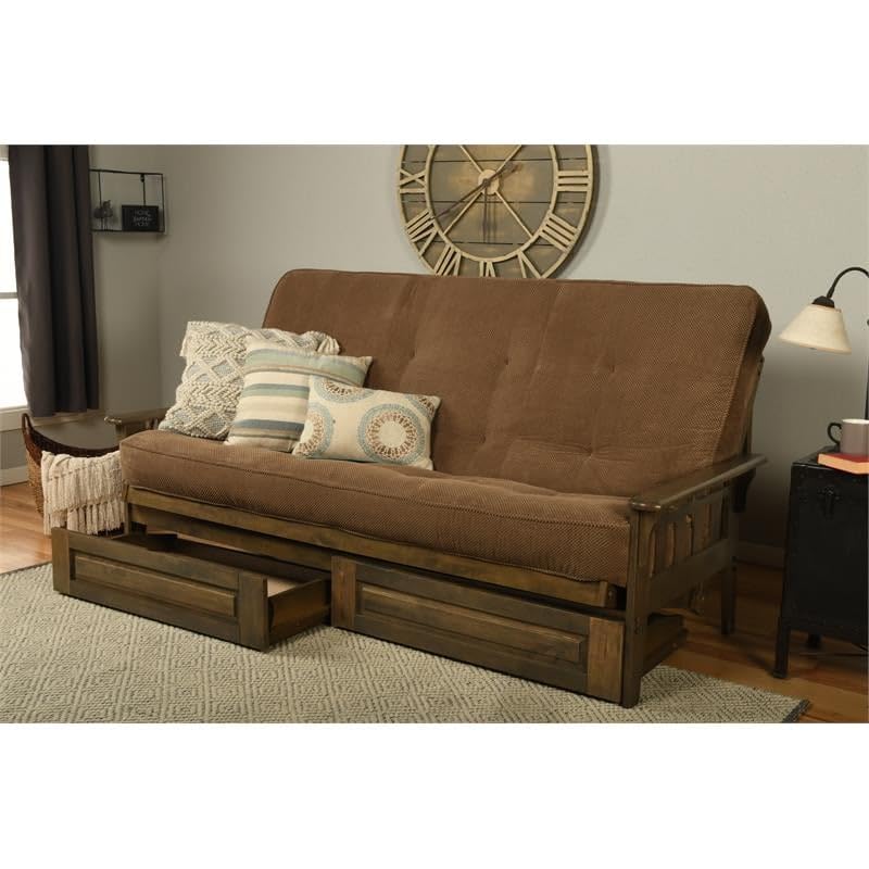 Kodiak Tucson Queen Futon Frame with Storage Drawers - Wood Futon Set with Mattress Included in Mocha Brown Color