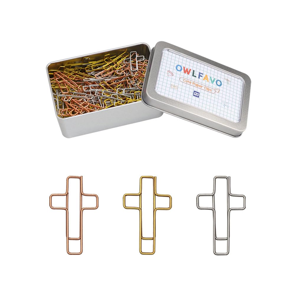 Owlfavo 120Pcs Cross Shape Paper Clips With Storage Box, 3 Colors, Funny Cute Paperclips Bookmarks Planner Clips For Fun Office