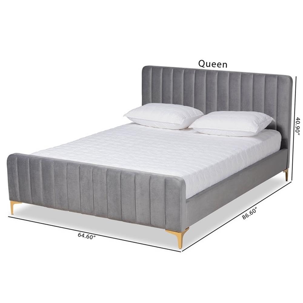 Baxton Studio Nami Modern Contemporary Glam and Luxe Light Grey Velvet Fabric Upholstered and Gold Finished Queen Size Platform Bed