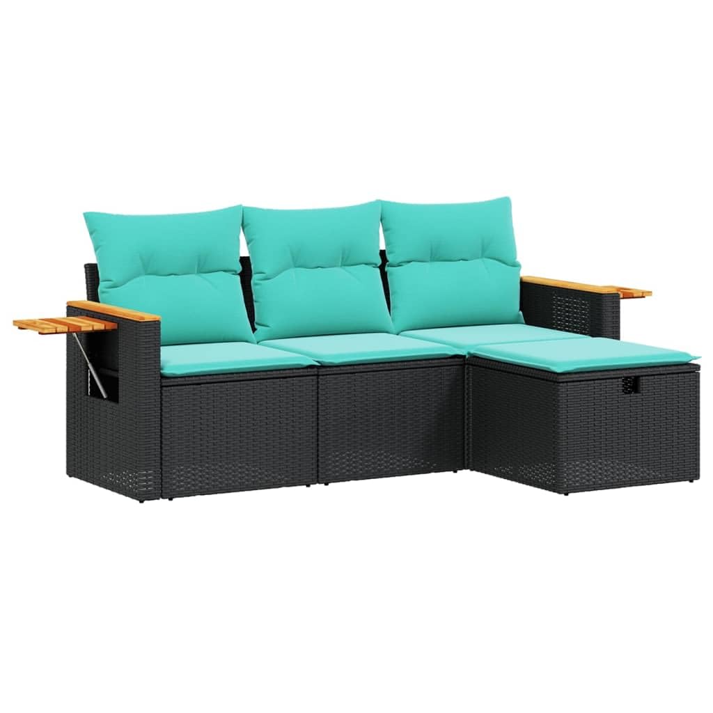 vidaXL - 4 Piece Outdoor Patio Sofa Set - Black Poly Rattan with Blue Cushions - Garden Terrace Deck Furniture with Modular Design