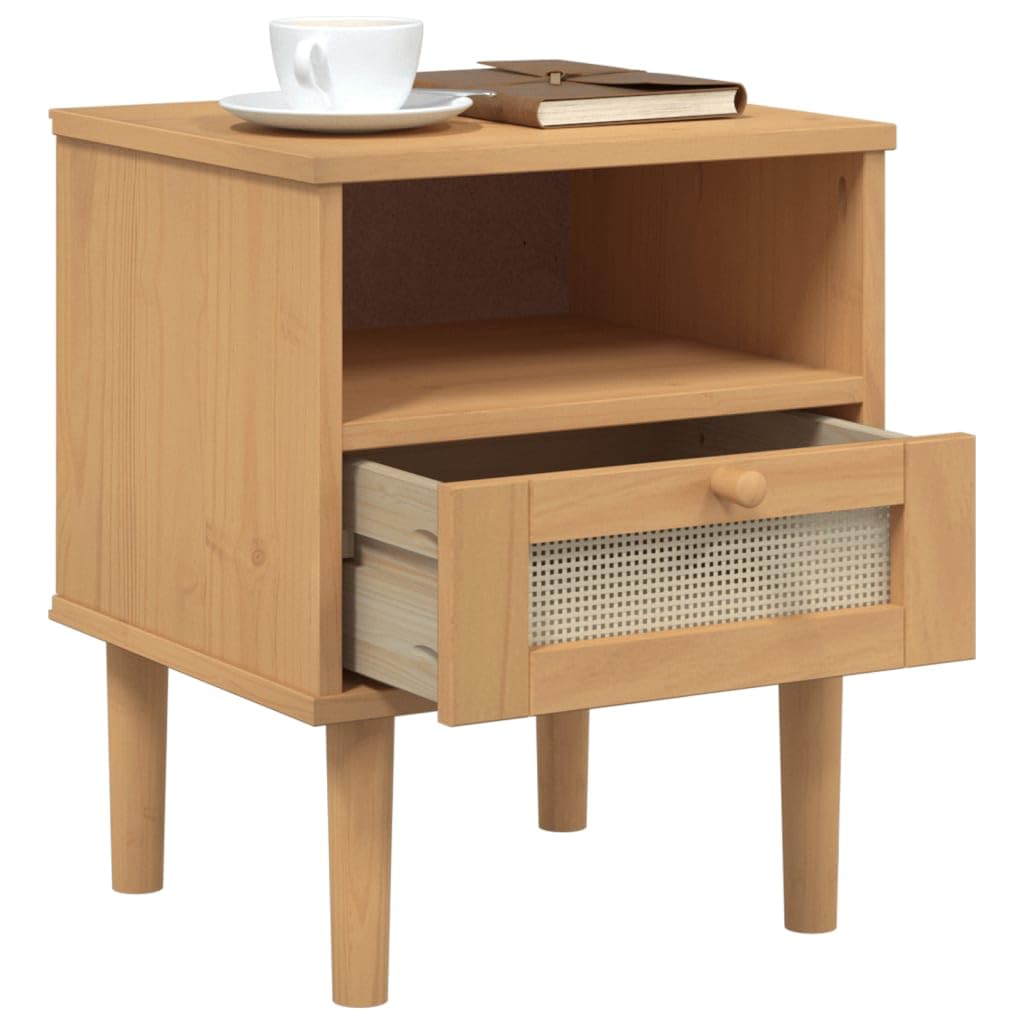 vidaXL Bedside Cabinet SENJA in Rattan Look - Brown Solid Pine Wood Nightstand with Storage Compartment and Drawer