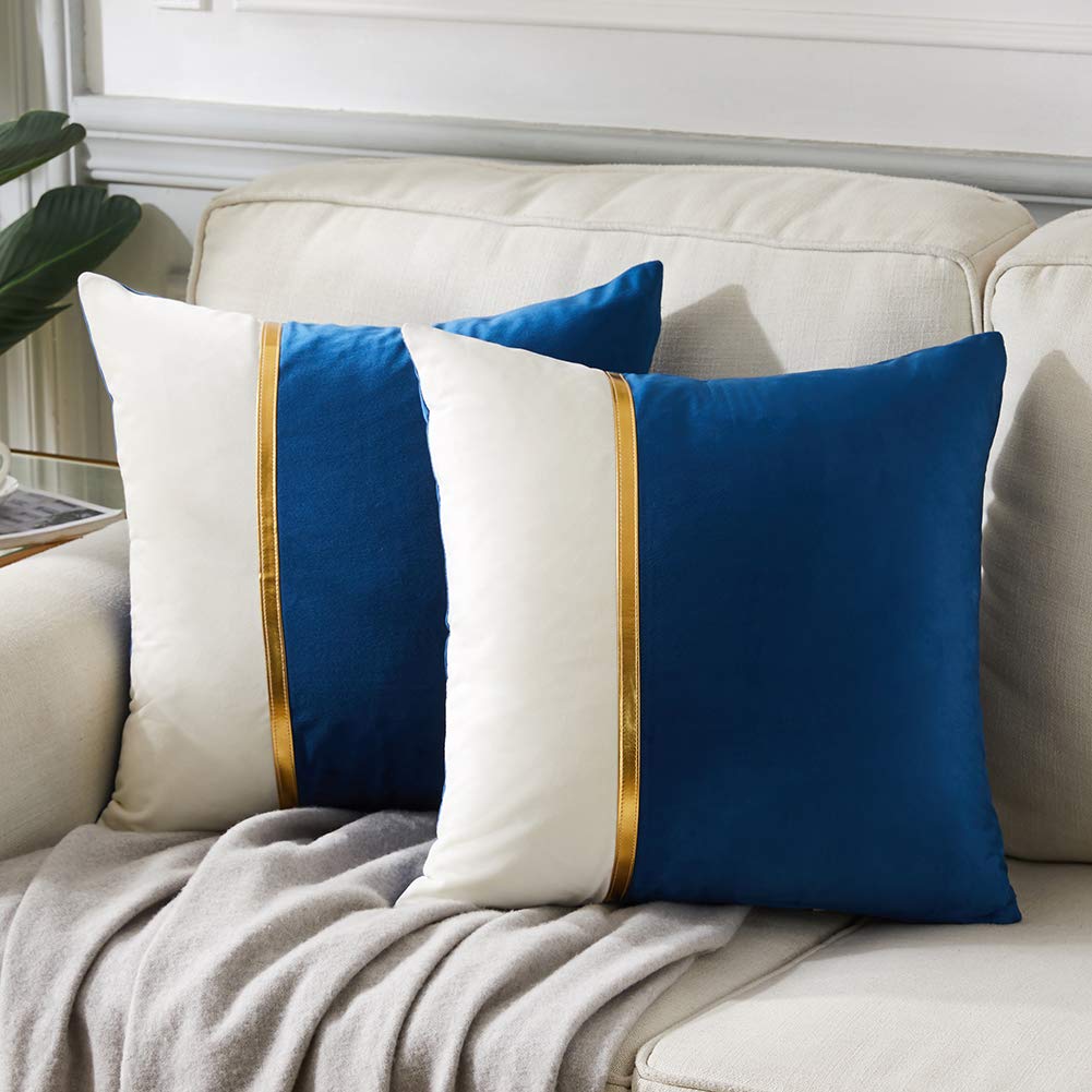Fancy Homi 2 Packs Decorative Throw Pillow Covers 18X18 Inch For Living Room Couch Bed, Navy Blue And White Velvet Patchwork Wit