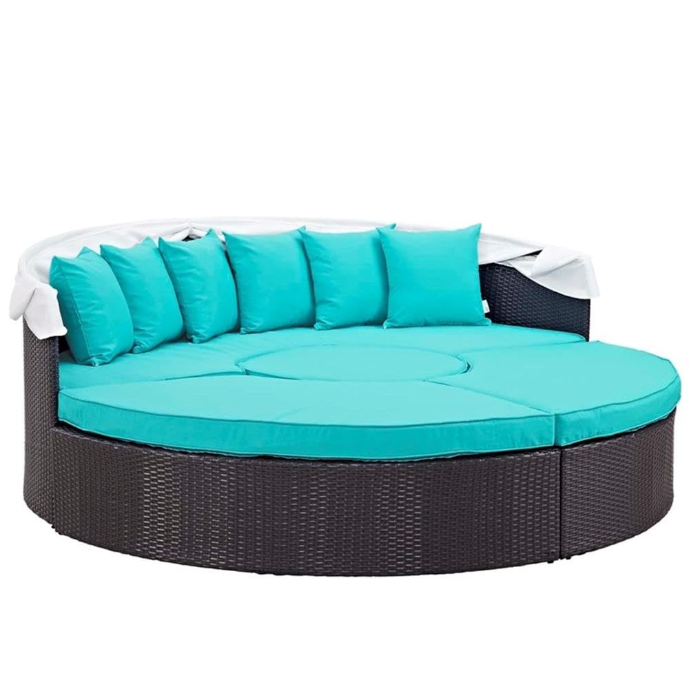 Modway Convene Wicker Rattan Outdoor Patio Retractable Canopy Round Poolside Sectional Sofa Daybed with Cushions in Espresso Turquoise