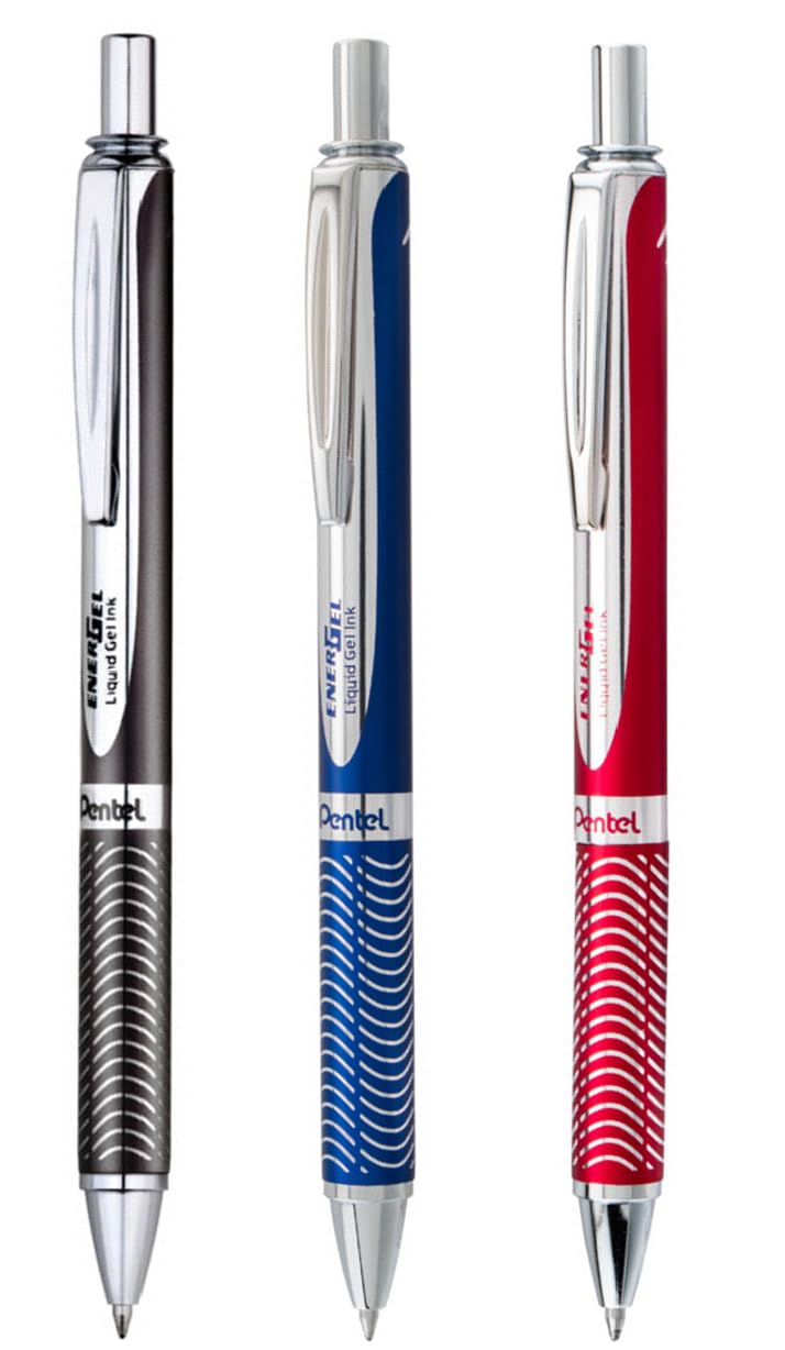 Pentel Energel Alloy Retractable Liquid Gel Pen, (0.7Mm) Medium Line, Black Barrel, Blue Barrel, Red Barrel, 3 Black Ink Pens