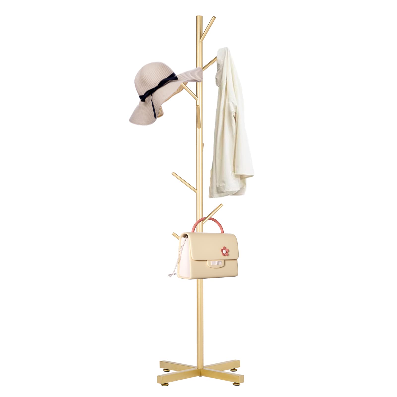 Snaikor Metal Coat Rack, Modern Coat Rack Freestanding, Sturdy Coat Tree Stand with Cross Base, Golden Coat Racks Hall Tree for 