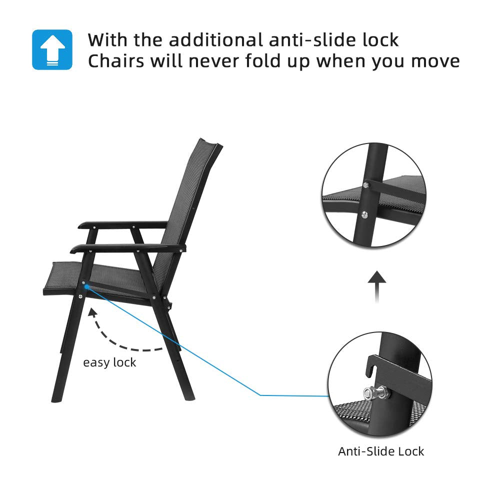 Vingli Upgraded Version Single 1 Folding Chairs With Arms, Portable Patio Chairs For Outdoor & Indoor, Sling Back Chairs For Lawn, Pool, Courtyard, Balcony & Garden (Black)