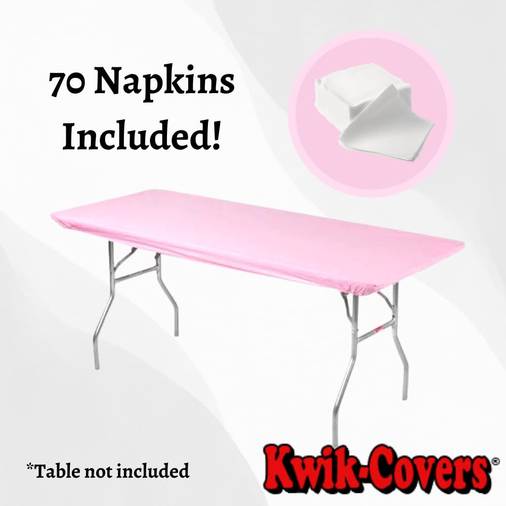 Kwik-Covers 5 Pack Of Rectangular Plastic Table Covers Bundle - 70 Paper Napkins Included - For 6' Foot Or 8' Foot Tables - (Table Not Included) (Pink, 30' X 96' (8' Foot Table))