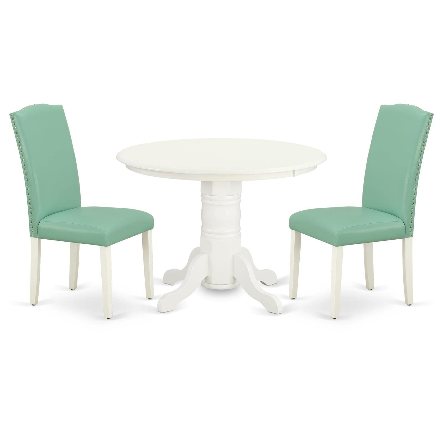 East West Furniture Shen3-Lwh-57 3 Piece Kitchen Table & Chairs Set Contains A Round Dining Room Table With Pedestal And 2 Pond Faux Leather Parsons Dining Chairs, 42X42 Inch, Linen White