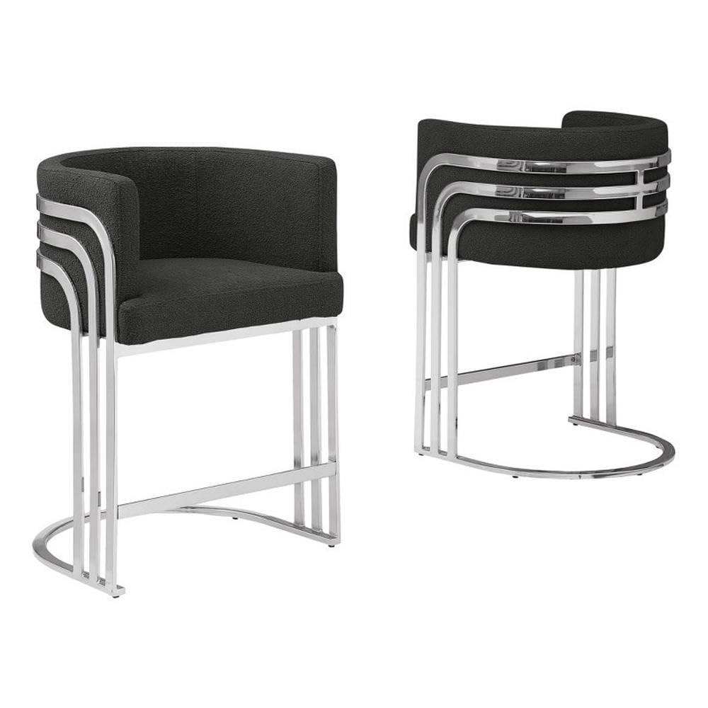 Best Quality Furniture Modern Teddy Fabric Bar Stools with Chrome Legs - Black - Elegant Barrel Design with Silver Frame - Set of 2 - Perfect for Dining Room, Bar, Office, or Living Room