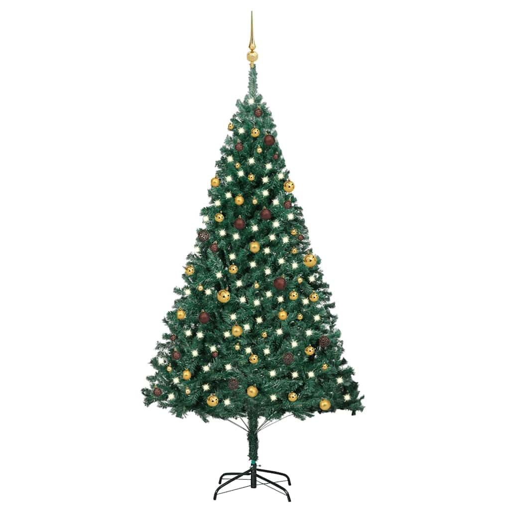 vidaXL 94.5&quot; Artificial Christmas Tree with LEDs and Ball Set in White and Gray - PVC Material, Steel Stand, Energy-Efficient LED Lights, Extra Thick Branches, Easy Assembly