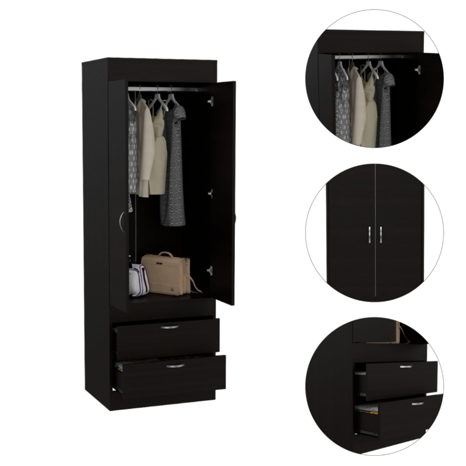 Armoire 70H, Double Door Cabinet, 2 Drawers, Metal Handles, Rod, Black