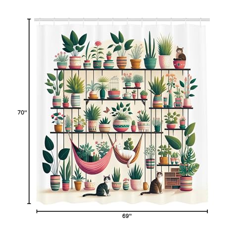 Ambesonne Aesthetic Shower Curtain, Indoor Garden Illustration With Cats And Bohemian Pots Print, Cloth Fabric Bathroom Decor Se