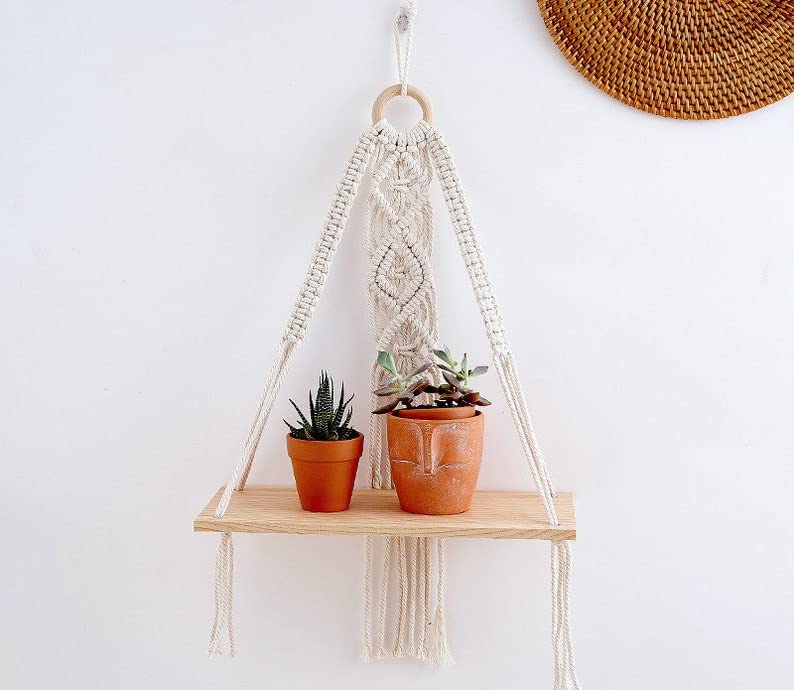 Aain Macrame Wood Floating Wall Hanging Modern Chic Hand Woven Art Decor For Apartment Dorm Bedroom Living Room Nursery Boho She