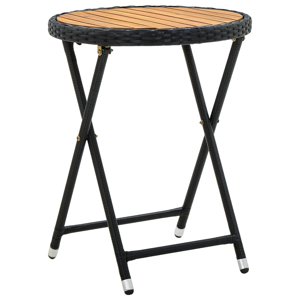 vidaXL - Black Poly Rattan Outdoor Tea Table with Solid Acacia Wood Top - 23.6" Diameter, UV-Resistant, Foldable, Assembly Required.