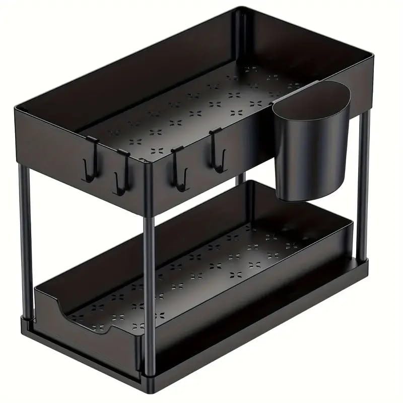 Kleverdot 2Tier Under Sink Organiser With Sliding Drawers, PullOut Storage Shelf For Kitchen And Bathroom, Black