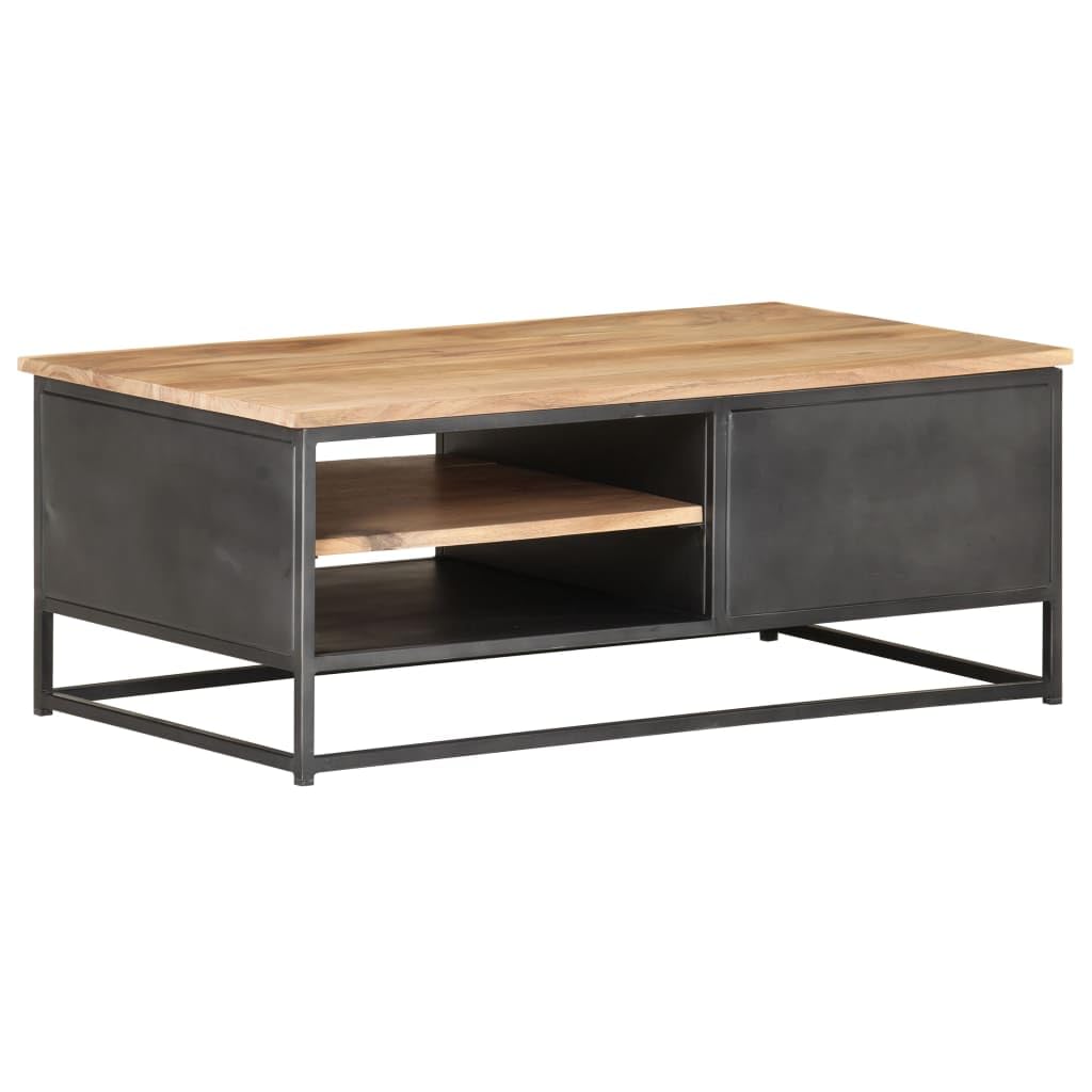 vidaXL Rectangular Coffee Table in Solid Acacia Wood with Steel Legs, 35.4&quot;x19.7&quot;x13.8&quot;, Brown, Industrial Style, Storage Compartments, Durable and Stable, for Living Room or Office