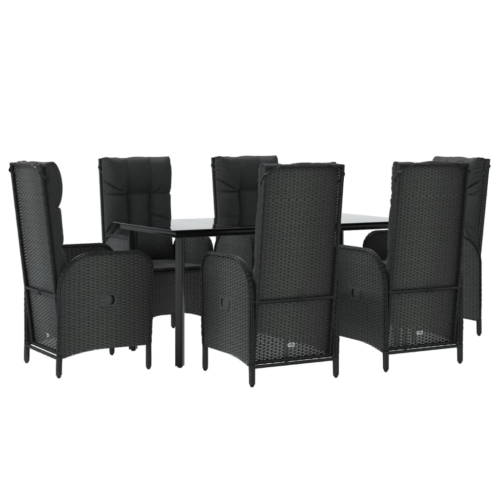 Vidaxl 7-Piece Patio Dining Set Black Poly Rattan With Reclining Chairs And Glass Top Table - Modern Outdoor Garden Furniture