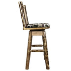 Montana Woodworks Glacier Country Collection Barstool with Back & Swivel, Upholstered Seat, Woodland Pattern with Laser Engraved Moose Design, Stained & Lacquered