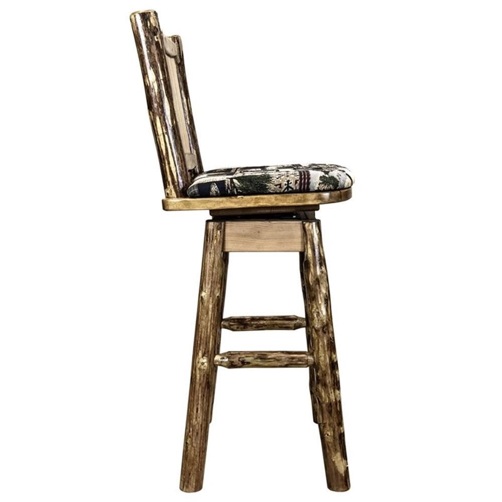 Montana Woodworks Glacier Country Collection Counter Height Barstool with Back & Swivel, Upholstered Seat, Woodland Pattern with Laser Engraved Pine Tree Design, Stained & Lacquered