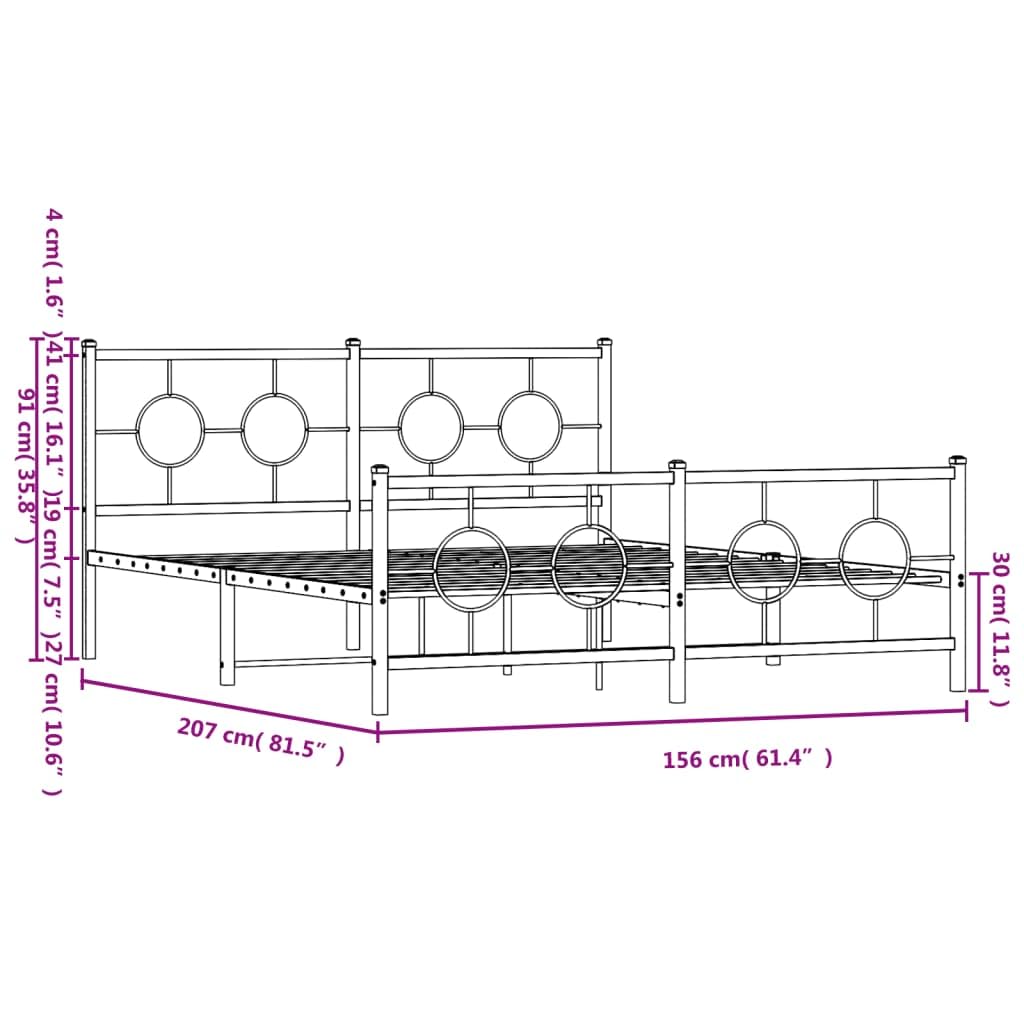 vidaXL Black Steel Metal Bed Frame-Double Bed with Headboard/Footboard for Bedroom-59.1"x78.7" Supportive Slats