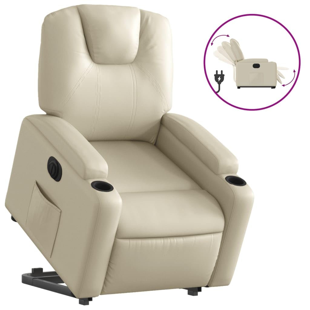 vidaXL Electric Recliner Chair Power Lift - Cream Faux Leather Stand Up Armchair with Cup Holders and Pocket for Lounge, Bedroom