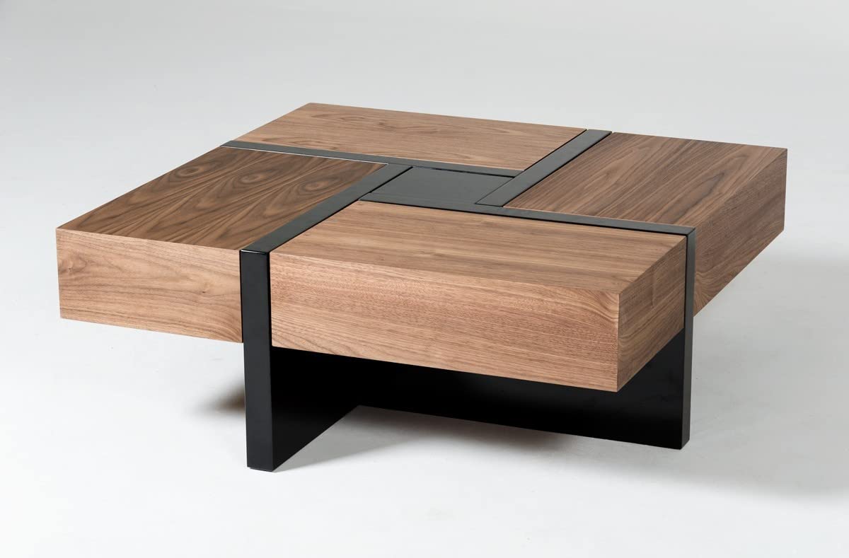 HomeRoots Walnut, Black Veneer, MDF, Metal Modern Walnut and Black Square Coffee Table with Storage