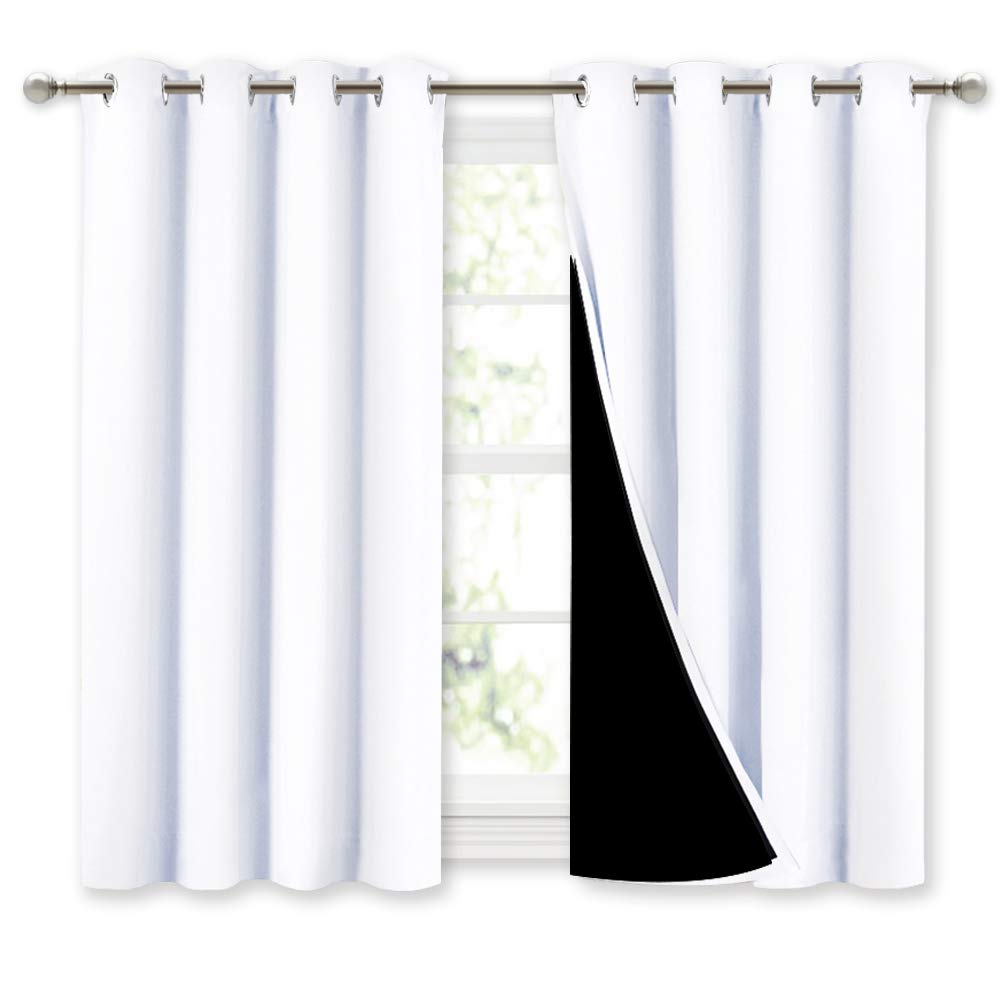 Nicetown White 100% Blackout Curtains 45 Inches Long, 2 Thick Layers Completely Blackout Window Treatment Thermal Insulated Line