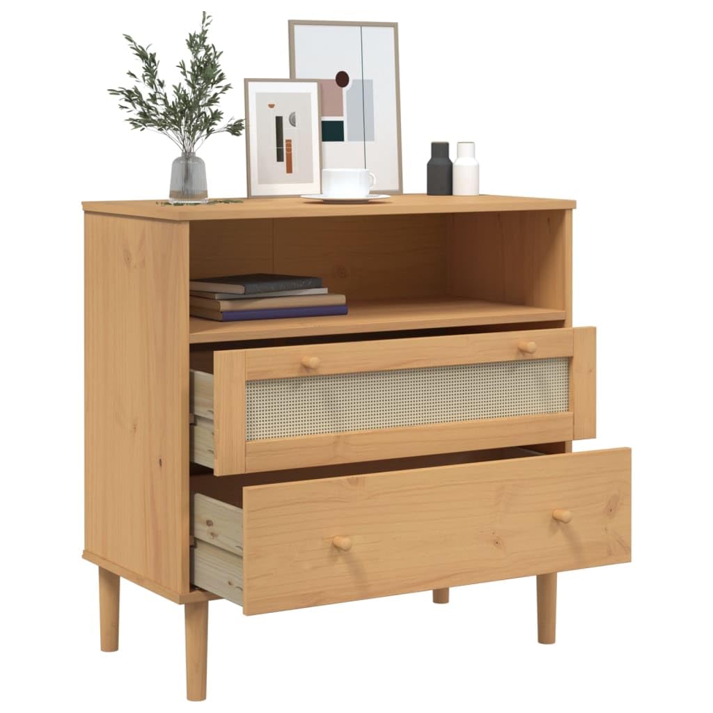 vidaXL SENJA Brown Sideboard – Modern Rattan Look Side Cabinet in Solid Pine Wood with UV Varnish Finish – Ample Storage with Drawers and Compartment – Home and Office Furniture