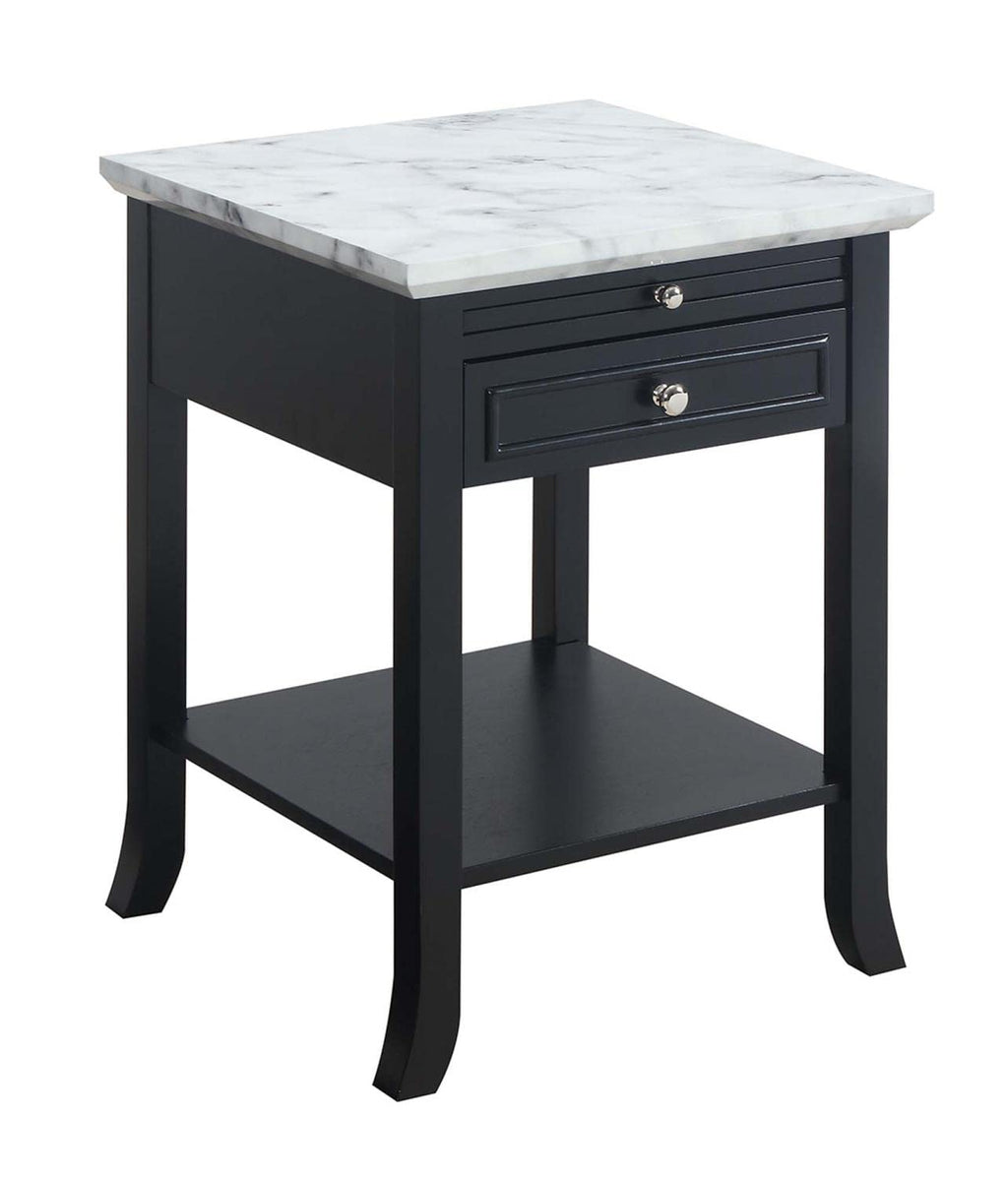 Convenience Concepts American Heritage Logan End Table With Drawer And Slide, White Faux Marble Top/Black