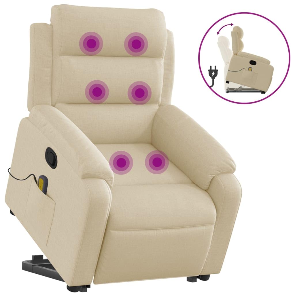 vidaXL Cream Fabric Wingback Massage Power Lift Recliner Chair - Manual Footrest & Backrest Adjustment for Living Room Comfort