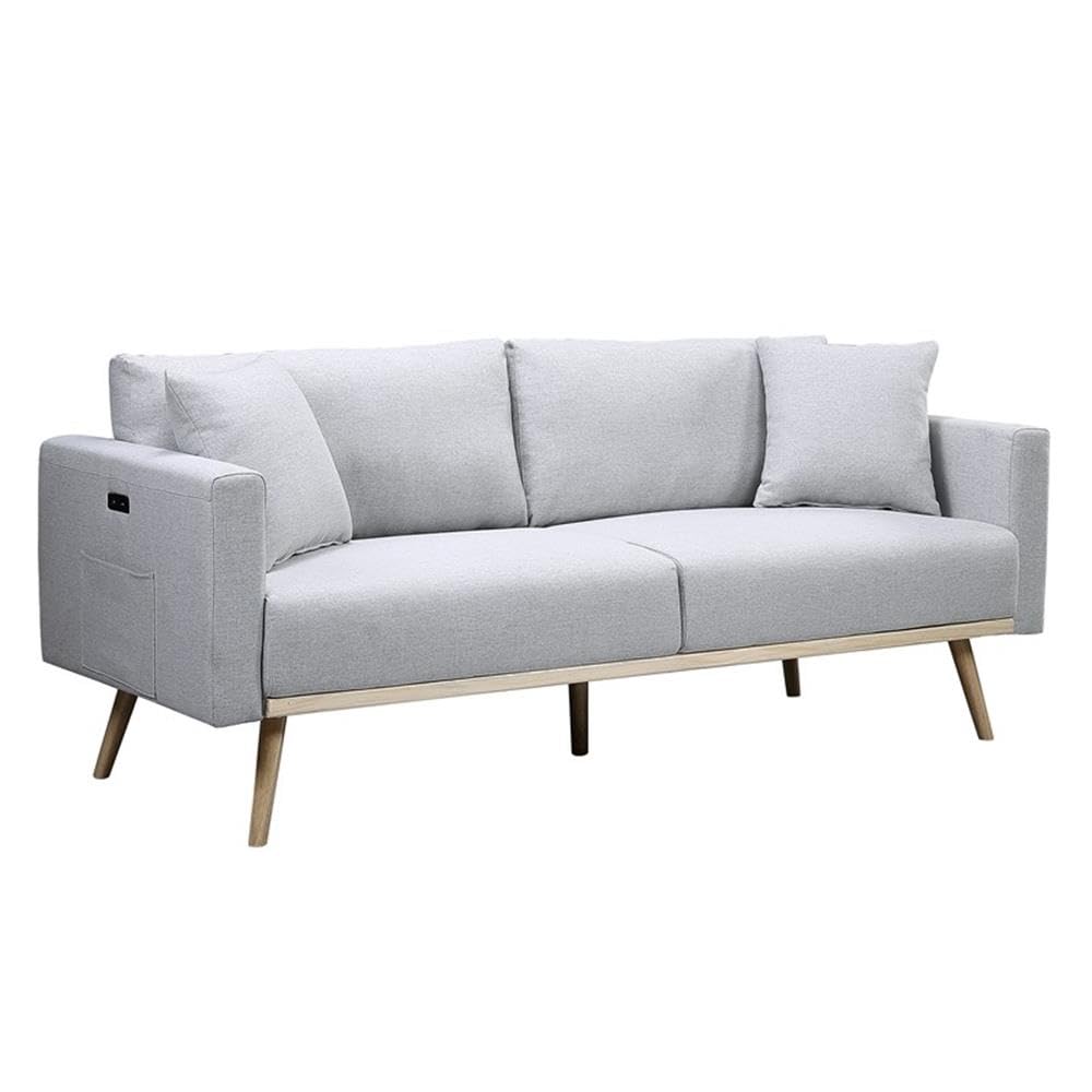 Lilola Home Easton Light Gray Linen Fabric Sofa with USB Charging Ports Pockets & Pillows