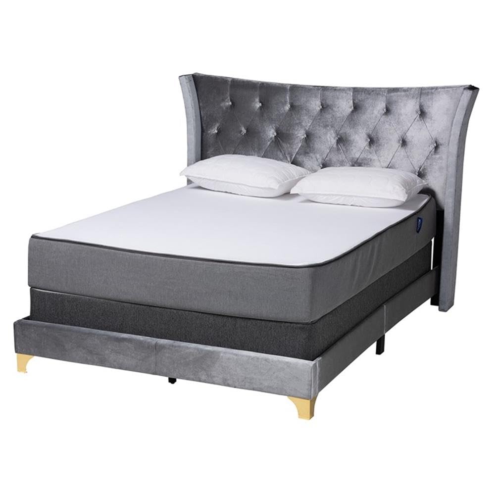 Baxton Studio Easton Grey Velvet and Gold Metal Queen Size Panel Bed