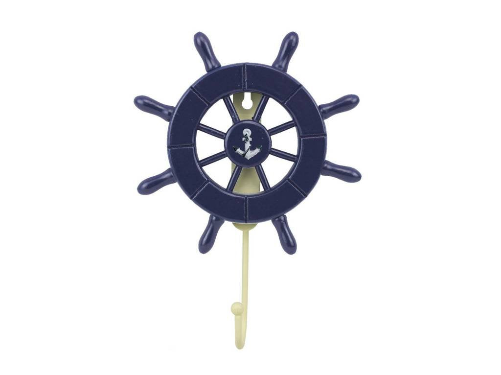 Handcrafted Nautical Decor Dark Blue Decorative Ship Wheel with Anchor with Hook 6' - Wooden Ships Wheel -
