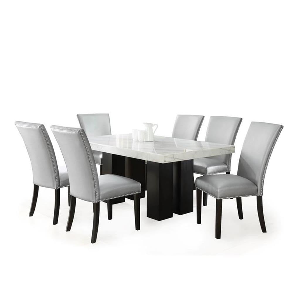 Camila Marble Top Rectanglular 7 Piece Dining Set in Silver