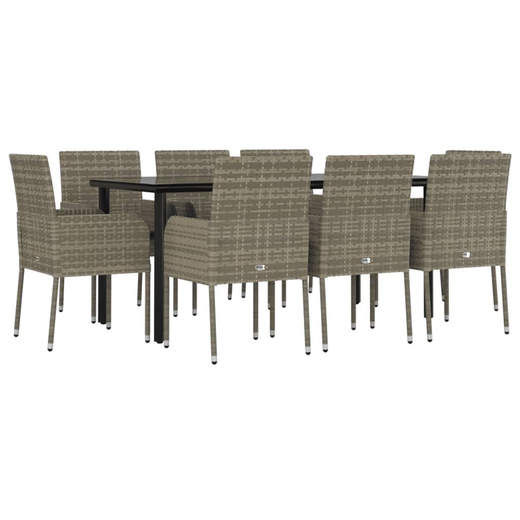 vidaXL 9 Piece Patio Dining Set - Stylish Outdoor Furniture with Cushions in Black and Gray Poly Rattan, Weather-Resistant, Comfortable and Modular Design, Suitable for Garden or Patio
