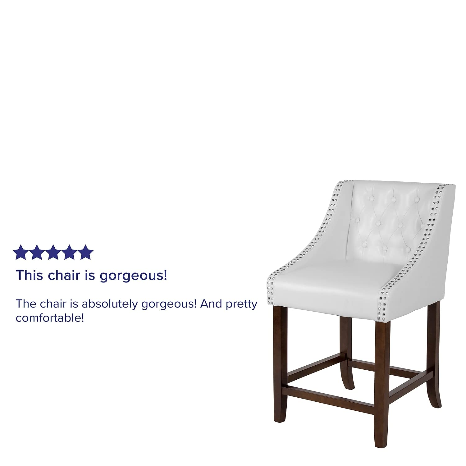 Flash Furniture Carmel Series 24' High Transitional Tufted Walnut Counter Height Stool With Accent Nail Trim In White Leathersoft