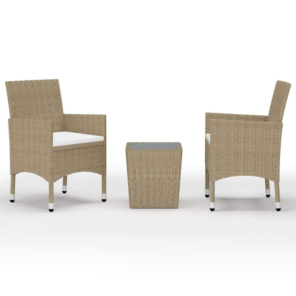 vidaXL Bistro Set 3 Piece - Poly Rattan and Tempered Glass - Beige Patio Chair with Cream White Cushions - Outdoor Furniture for Balcony, Deck, Backyard, Porch
