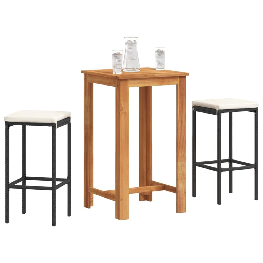 vidaXL 3-Piece Patio Bar Set-Black Poly Rattan and Solid Acacia Wood, Square Table with Oil Finish, Cream White Seat Cushions, Standard, 3295267