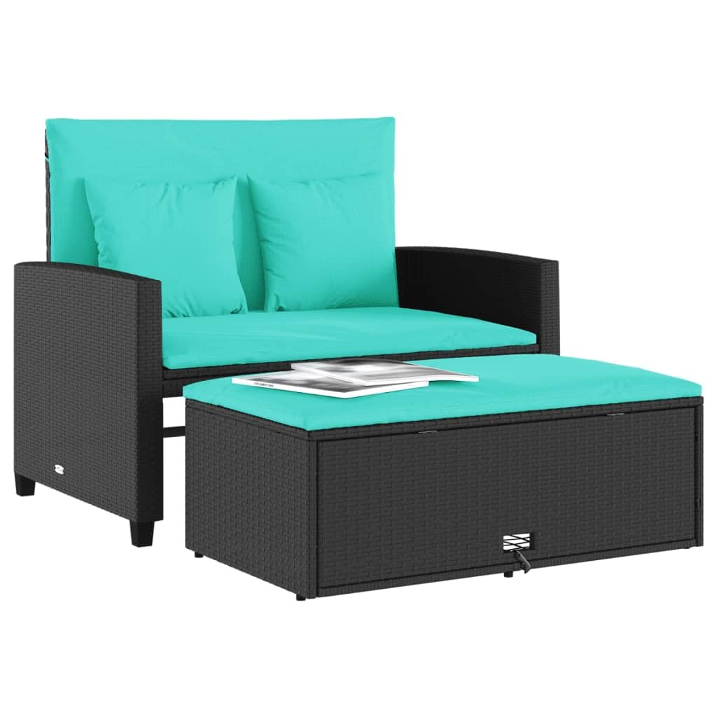 vidaXL Black Patio Sofa with Cushions - 2-Seater Storage Bench/Sofa Bed - Outdoor Garden Furniture with Footstool - Weather-Resistant PE Rattan - Includes Removable Blue Cushions for Comfort
