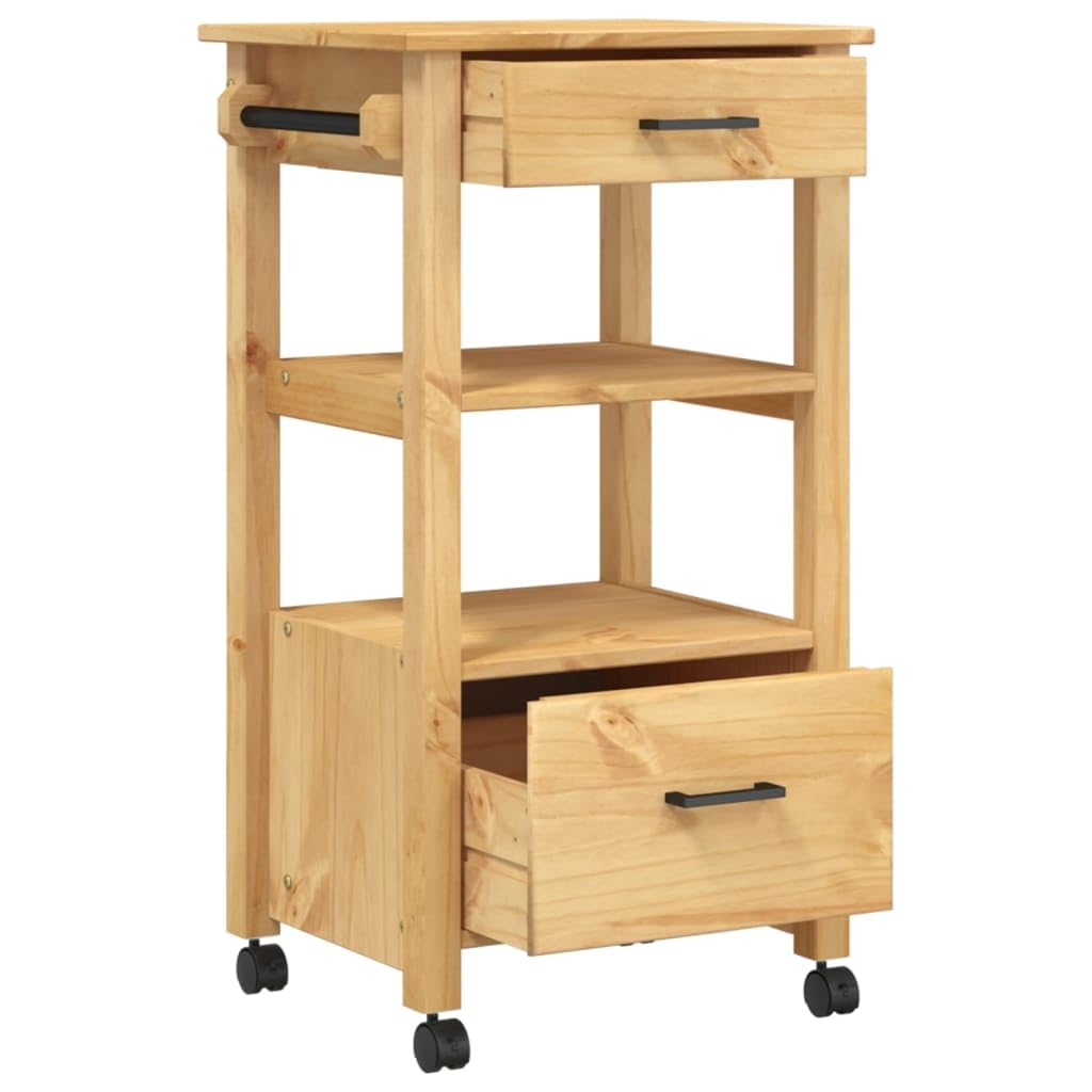 vidaXL Solid Pine Wood Rolling Kitchen Trolley - Brown Food/Vegetable Trolley Cart with Drawers, Shelves, and Wheels